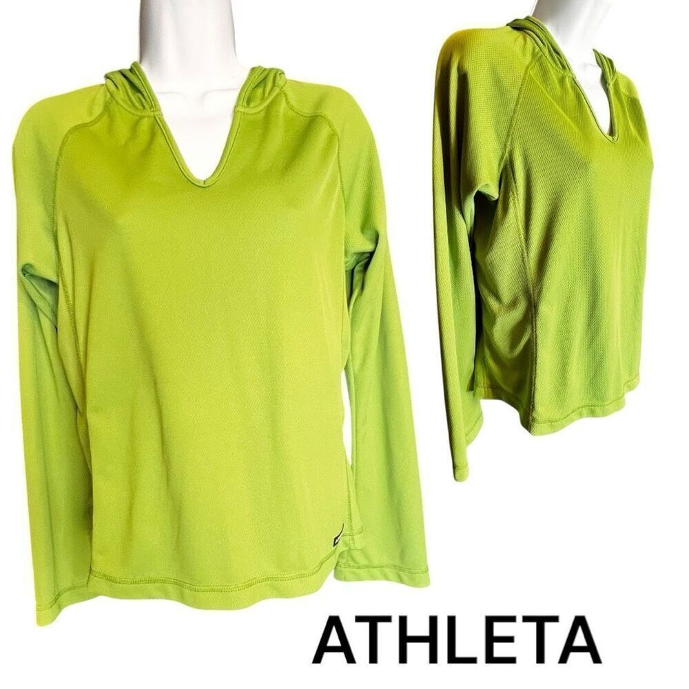 Athleta Women's Small Raglan Long Sleeve Slim Fit V Neck Pullover Hoodie Green